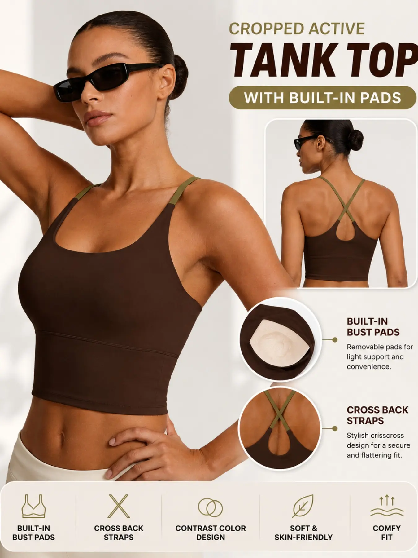 Women's Sporty Tank Top with Fixed Padding, Colorblock Design, Elastic Fabric, Perfect for Yoga, Comfortable Sports Wear, Activewear, Yoga Tops, Sport Clothing
