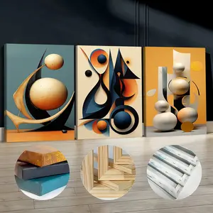 3-Pcs Wooden Framed Canvas Print Set, Abstract Geometric Shapes & Spheres Exquisite Wall Art, Waterproof Odorless Home Decor for Living Room, Bedroom, Office