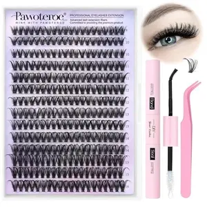 Pawotence Lash Clusters Kit 40D Individual Lashes Extension Kit DIY 280pcs 9-16mm Cluster Eyelash Extension Kit with Lash Bond and Seal, Lash Tweezers for Self Use (40D, 0.07D, 9-16mm, Kit)