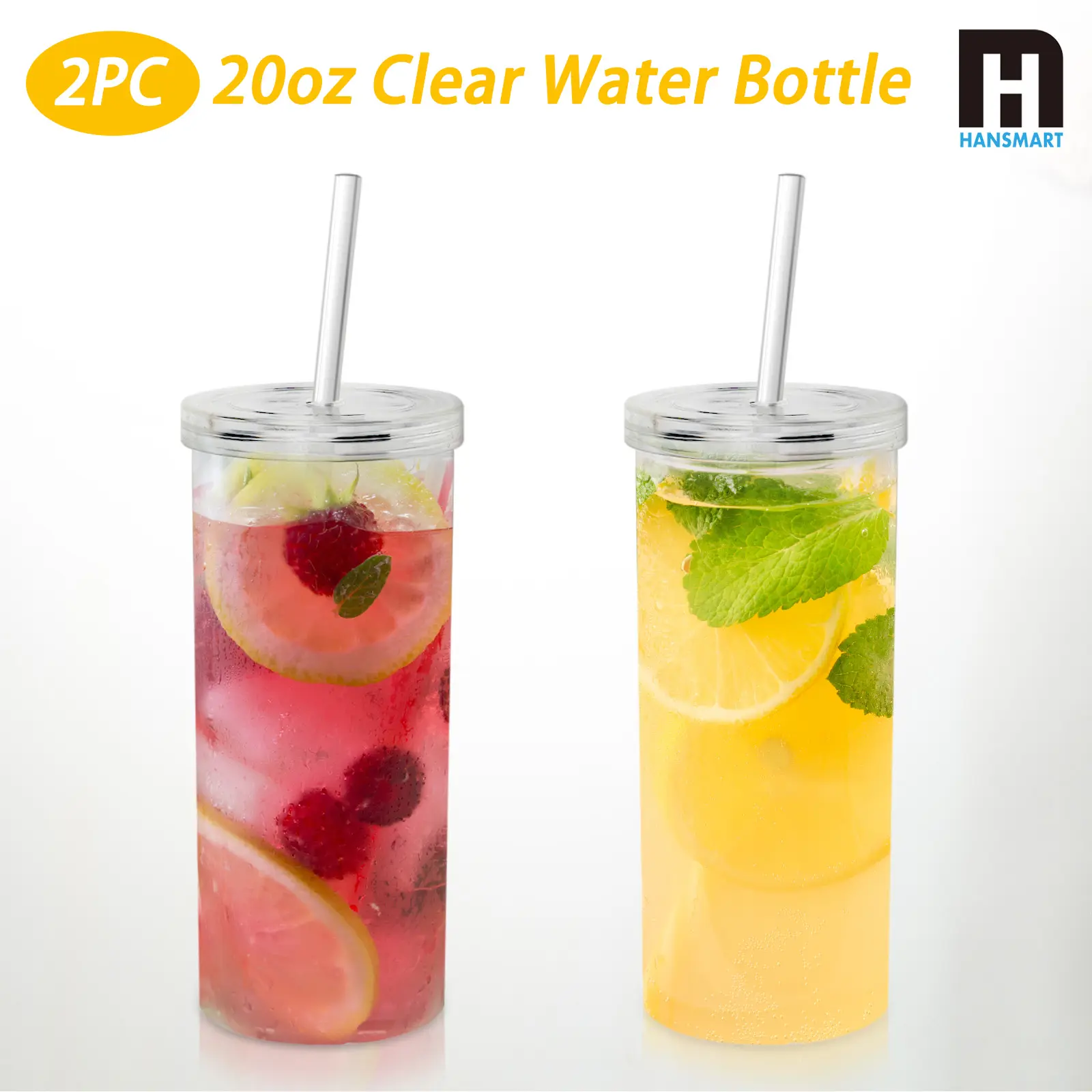 2pcs 20oz Reusable Transparent Plastic Tumblers with Straws & Lids - Portable, Durable, Easy to Clean Water Storage Bottles for Iced Coffee, Party, On-the-Go Use, Water Storage Bottle