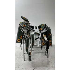 Charro Saddle – White & Green Bordada “Girasoles Nevados” (15.5”)