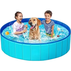 Foldable Dog Kiddie Pool - Portable Hard Plastic Doggie Swimming Pool, Anti-Slip Collapsible Pets Bath Tub Suitable for Kids Toddler Indoor Outdoor Backyard Use (Blue, 63" X 12")
