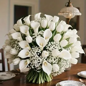 60 pc Assorted Artificial Flowers Bouquet Including Gypsophila, Calla Lily And Tulips. Suitable For Bedroom, Living Room, Party, Valentine's Day, Father's Day, Graduation, Mother's Day, Easter Decoration And Gift, Couple Decor, Artificial Flowers, Mom