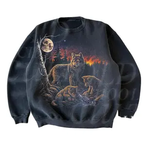 Wolf Family Vintage 90s Sweatshirt, Retro Wildlife Crewneck, Nostalgia Nature Pullover, Cozy Black Wolf Top,Rustic Outdoor Animal Lover Gift, Unisex Cotton Crewneck Sweatshirt Menswear Womenswear Streetwear Top
