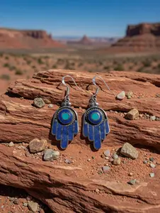 Vintage Southwestern Blue Lapis & Turquoise Silver Hamsa Hand Of Protection Dangle Earrings