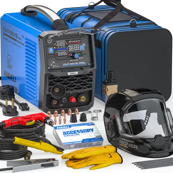 ANDELI Non-HF Plasma Cutter with Built-In Air Compressor 55A | With Anti-Spatter Cutting Helmet,Pilot Arc,Smart Grid Cutting,110V/220V,Large LED Display,Overload and Overheat Protection