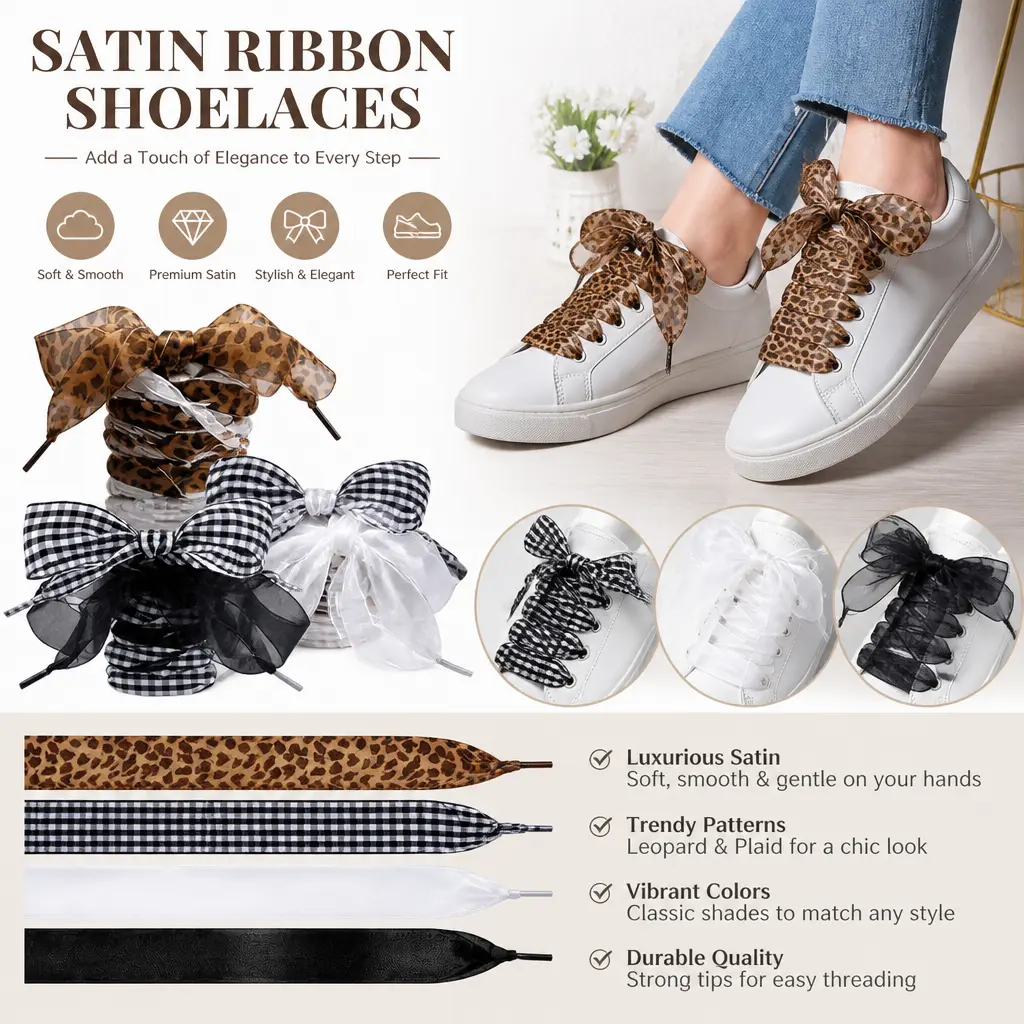 Women's Polyester Replacement Laces - 4 Pairs, 2.5cm Width, 120cm Length, Soft Satin Ribbon, Bright Color, Durable, Ideal for Casual Sport Sneakers, Black Leopard & White Checkered Options