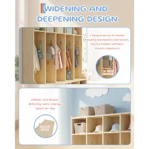Multi-Function Kids Coat Locker with Bench – 10 Cubbies, 10 Hooks, Smooth Wooden Surface, 4 Hidden Casters – Perfect for Nursery, Home, School, Daycare – Large Size Natural Wood Color