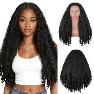SummerVibes Afro Curly Lace Front Wig Synthetic Kinky Straight with Curly Ends Fluffy Bouncy Hair Wigs 20 Inch Heat Friendly Afro Wigs for Black Women
