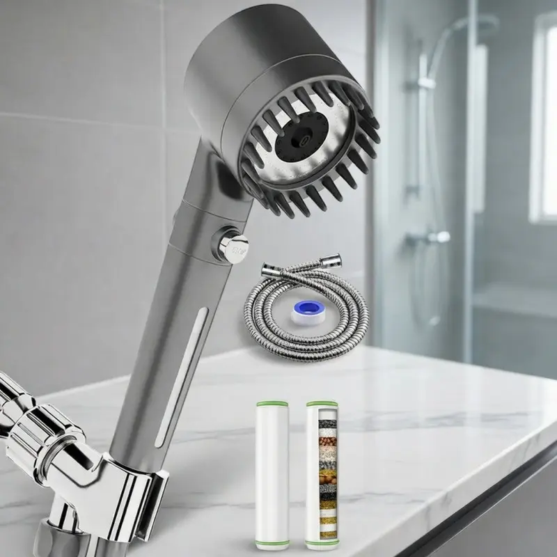 Filtered High-Pressure Handheld Shower Wand, 4-Setting Massage Spray with 60-Inch Chrome Hose, Easy Install, Low Flow, 1-Touch Water Stop, Adjustable Pressure, Micro-Technology Nozzles, Outdoor Use, Filtered Shower Head High Pressure