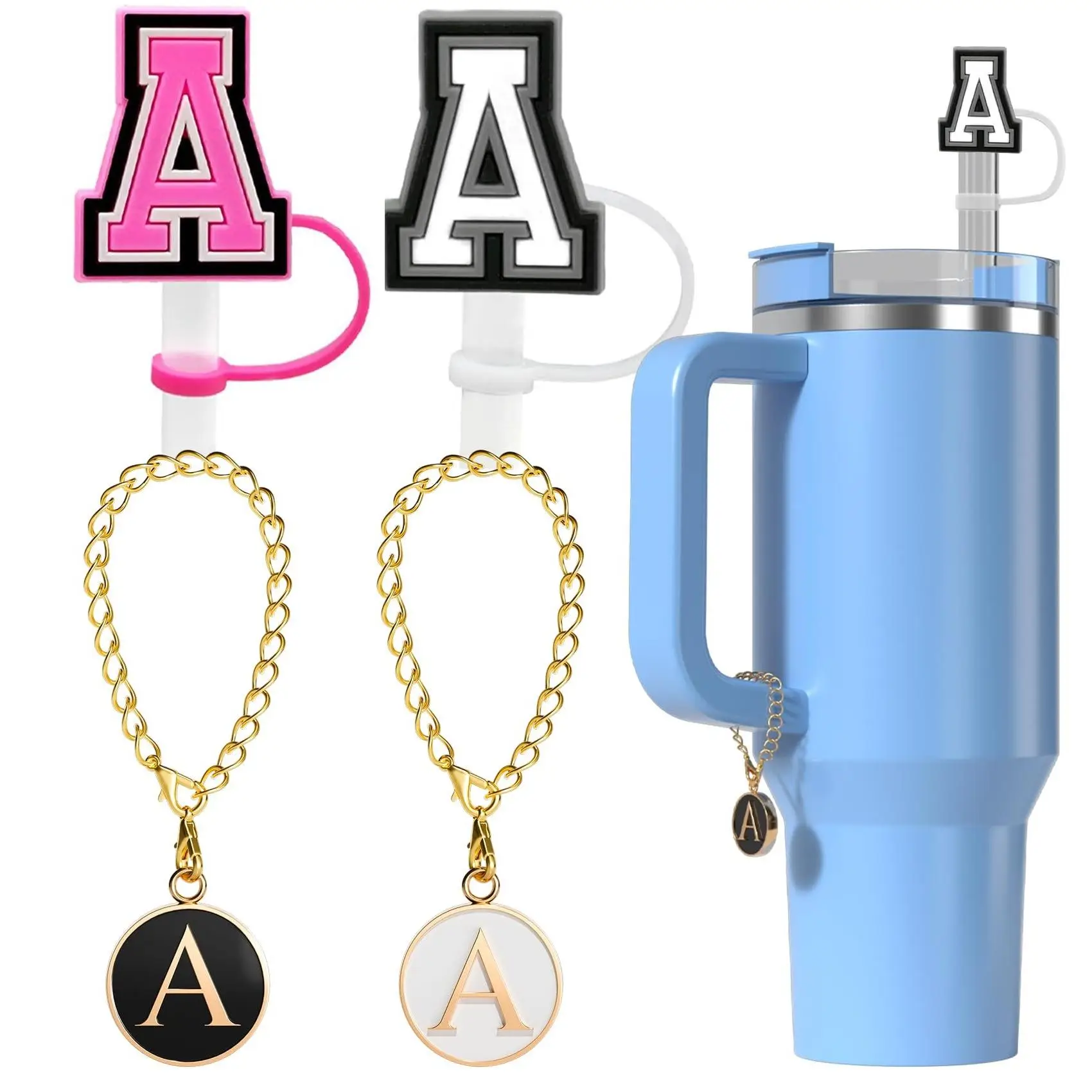 Letter Design Straw Topper & Cup Charm Set, 4 Counts Cup Decoration Accessory, Including 2 Letter Straw Cover & 2 Letter Charm, Drinkware Accessories,