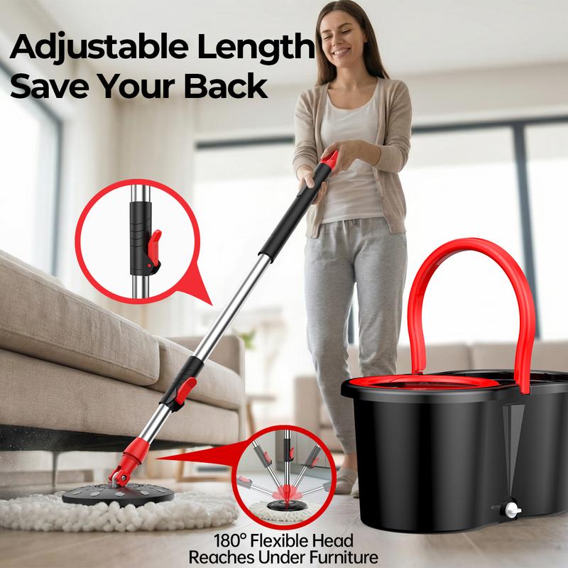new Stainless steel rotating mop set, including 3 replacement mop heads and an extendable handle, for convenient cleaning, featuring a rotating design. Black and red two-tone mop bucket set. Rotating mop bucket set. commercial mop