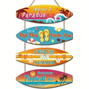 Summer Beach Wall Decor Set, Surfboard Hanging Sign for Summer Party Decoration, Tropical Coconut Art Painting, Wooden Welcome Board