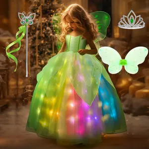 UPORPOR Light-Up Green Princess Dress for Girls – 100+ LED Modes, Music Sync, Halloween Christmas Costume with Accessories (Ages 3-9)
