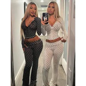 Women's Top & Pants Two-piece Set, Polka Dots Print Zipper Up Extra Long Sleeve Hooded Sweatshirt Top & Flare Leg Long Pants Sets, Casual Sleeves Coat Crop Top With Bottoms Suit, Ladies Spring Fall Winter Trendy Casual Matching Set, Co Ord Sets