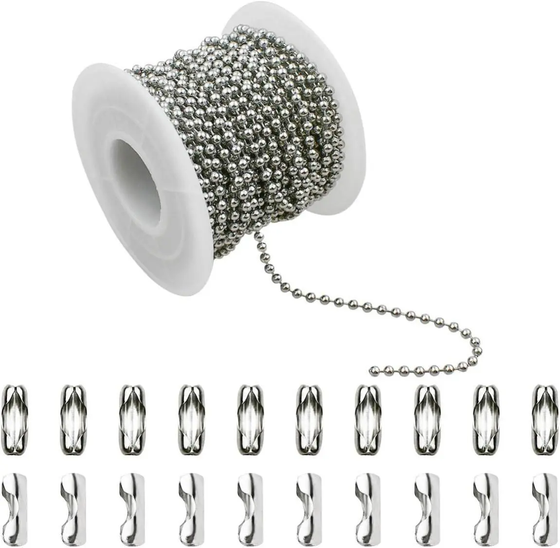 32.8 Feet Stainless Steel Ball Beaded Chain Necklace with 20 Matching Connectors for Jewelry Making 2.4mm Diameter Silver Color Metal Pull Chain Roll Spool for DIY Projects
