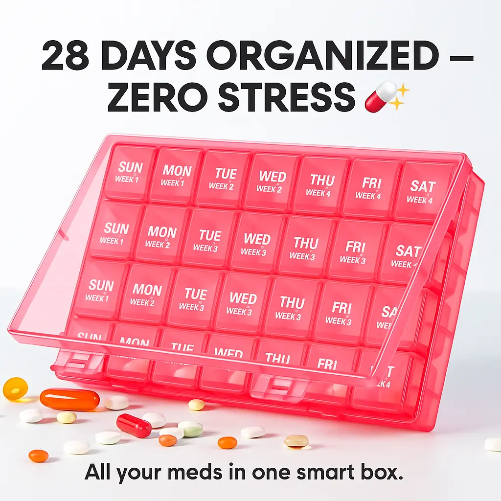 Monthly Large Capacity Case, 4 Removable Weekly Trays, UV Protection, Holds 8 Fish Oils per Slot Seniors Daily Meds Vitamins Supplements Pink
