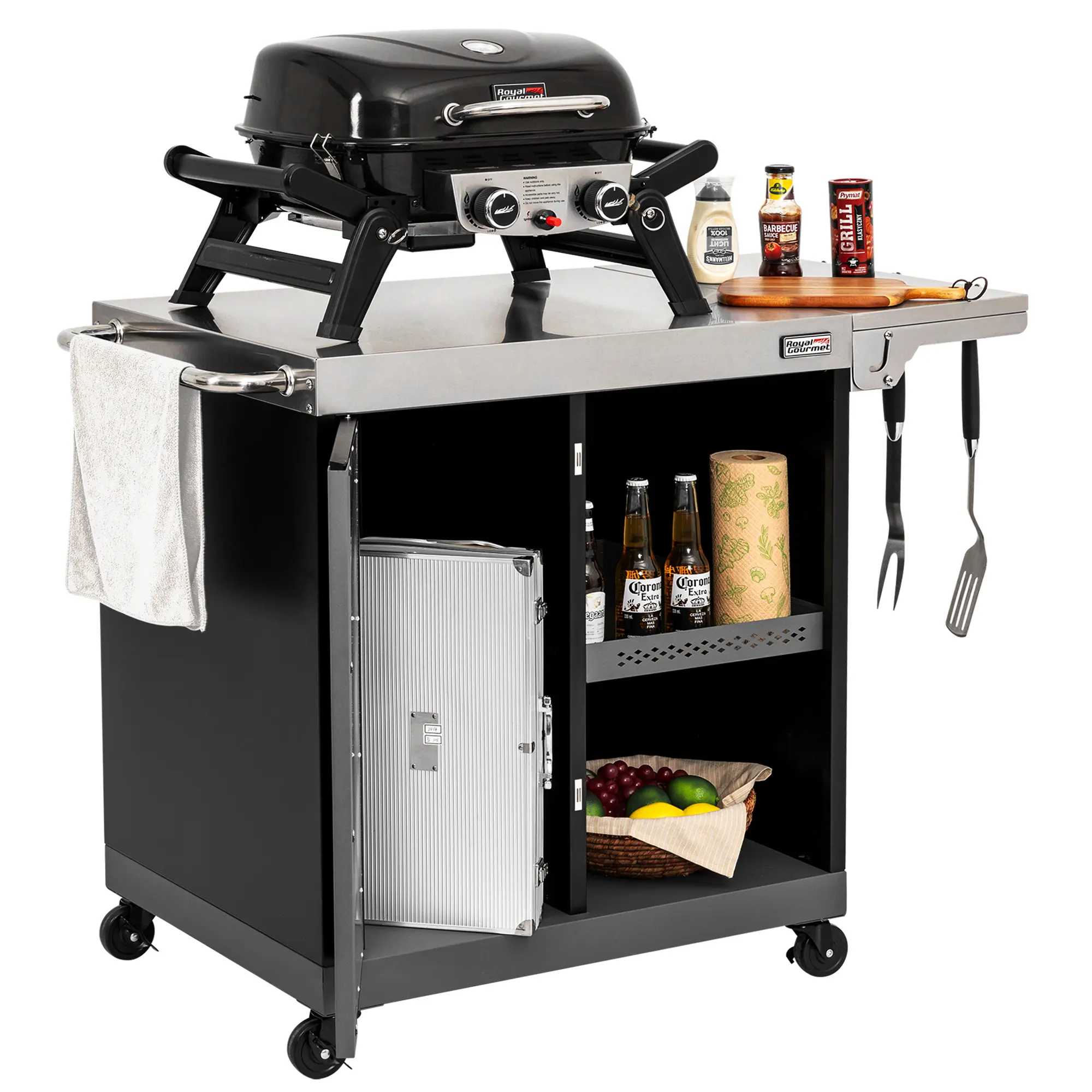 Royal Gourmet PC3201S 43" Movable Kitchen Cart, Stainless Steel Prep Table with Storage Cabinet & Foldable Side Shelf, BBQ Work Cart with Tool Hooks for Indoor/Outdoor, Black