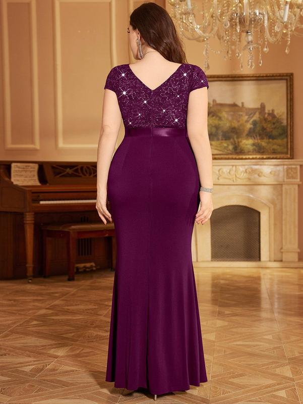 【Plus Size】Missmay P54514A Women's Plus Size Elegant Double V Neck Sequin Lace Contrast Ruched Bodycon Mermaid Hem Homecoming Brithday Wedding Guest Formal Party Maxi Dress