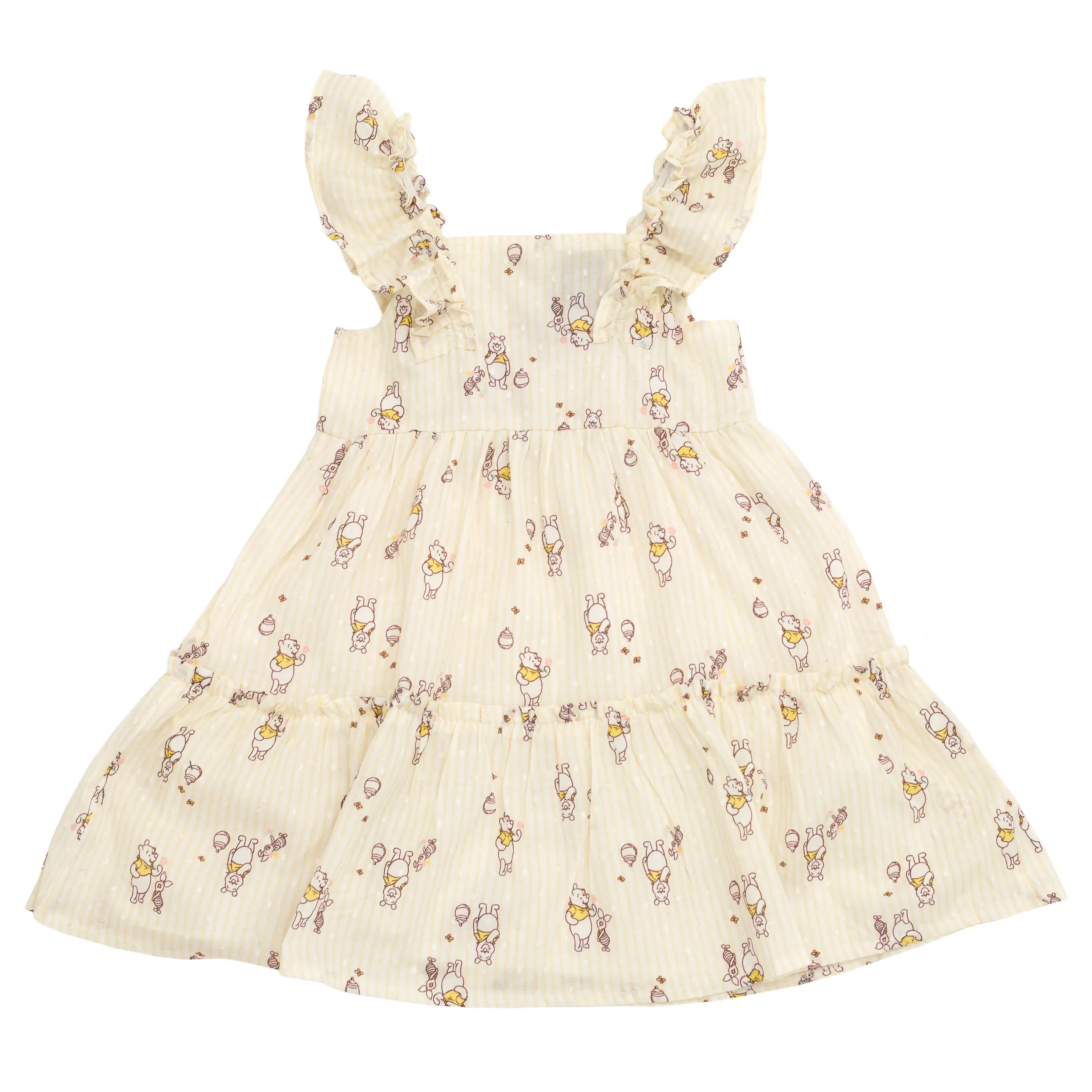 Disney Girls' Square Neck Winnie the Pooh & Piglet Sundress, 100% Soft Cotton Tiered Skirt, Allover Print with Ruffled Straps
