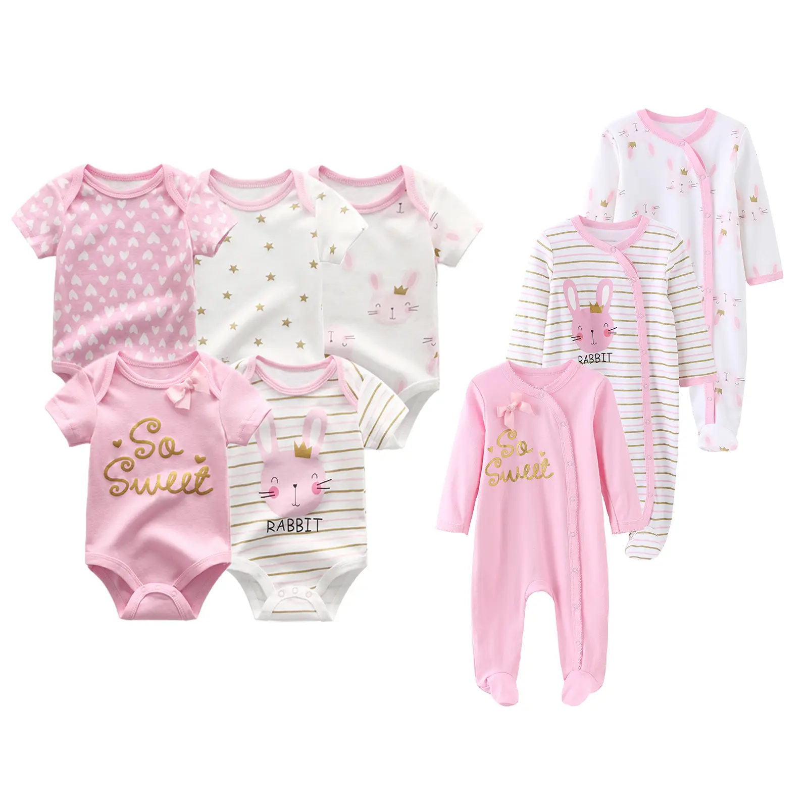 Kiddiezoom Boy and Girl Newborn Baby 5-Piece Short Sleeve Bodysuits And 3-Piece Long Sleeve Baby Multiple Color Jumpsuit, 0-12 Months