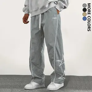 Men's Fashion Casual Pants, Street Retro Star Embroidered Straight-Leg Pants, Polyester Fabric, All-Season Versatile Trendy Hip-Hop Track Pants