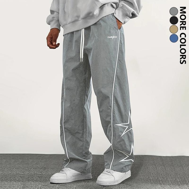 Men's Fashion Casual Pants, Street Retro Star Embroidered Straight-Leg Pants, Polyester Fabric, All-Season Versatile Trendy Hip-Hop Track Pants