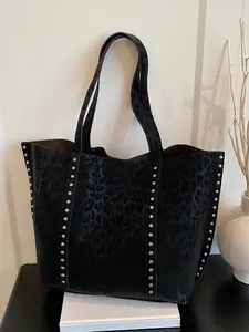Women's New Large Capacity Leopard Print Rivet Decorated Tote Bag, Casual Trendy Bag, Handheld Shoulder Bag for Work and Daily Use
