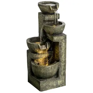 Outsunny Outdoor Fountain with 4-Tier Stacked Stone Look Bowls, Cascading Waterfall, Adjustable Flow & LED Lights, Rustic Décor for Patio, Zen Garden, Backyard, Porch, Gray