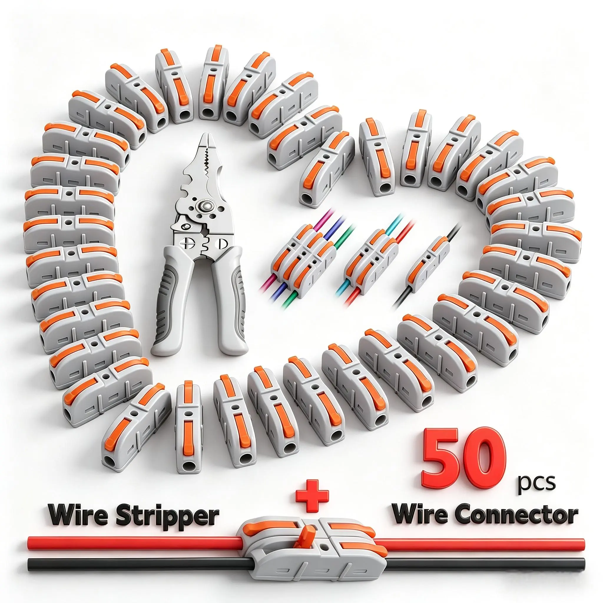 Quick Wire Connection Assortment Kit - Lever Type Connectors, Wire Stripper, 50-100 Piece Electrical Splicing Kit for Compact Inline Terminals, 28-12 AWG, Safe, Easy Home Installation.connector kit.butt splice. heat shrink wire connector
