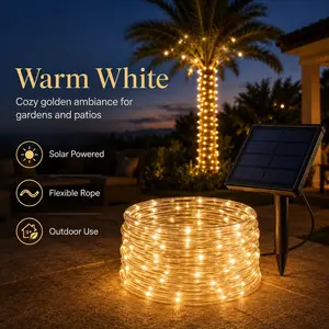 Solar Rope Lights Outdoor, Solar Powered LED Rope String Lights with Remote Control, 8 Brightness Levels, 3 Light Colors, Flexible Waterproof Decorative Lights for Trees, Gardens, Patio, Yard, Camping, Fence, Holiday Decor