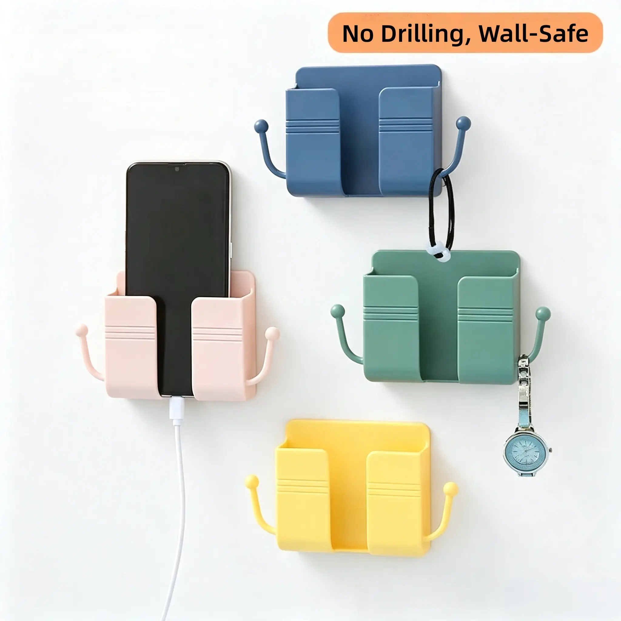 [Back to School]Wall‑Mounted Storage Box Without Drilling, Multifunctional Durable Remote Control & Phone Organizer, Macaron Color Plastic Adhesive Shelf-MM1