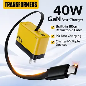 TRANSFORMERS Fast Charger with 80cm Retractable Cable 40W PD Charging Compatible with iPhone 15/16/17 Pro Max Samsung S24/S25
