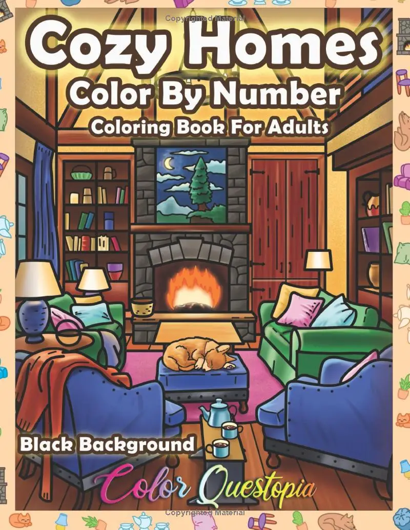 Color By Number Cozy Homes Coloring for Adults BLACK BACKGROUND: Numbered Interior Designs For Relaxation and Anxiety Relief (Color By Number For Adul