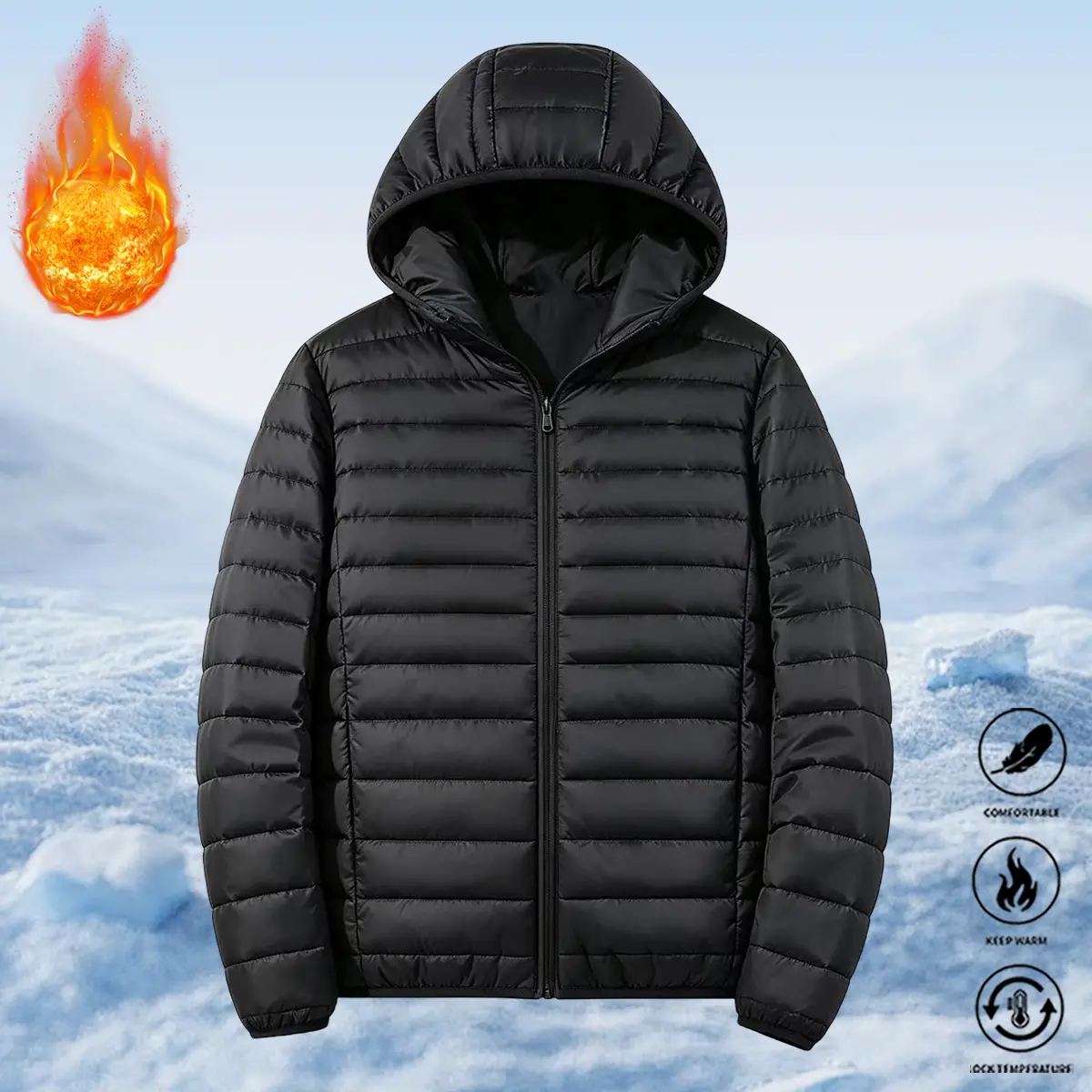 Men’s casual hooded jacket, mid-length, full zip closure, long sleeves, solid color, minimalist design, side pocket design; a warm layering top suitable for urban commuting and outdoor walks; men’s outerwear, men’s clothing, menswear.