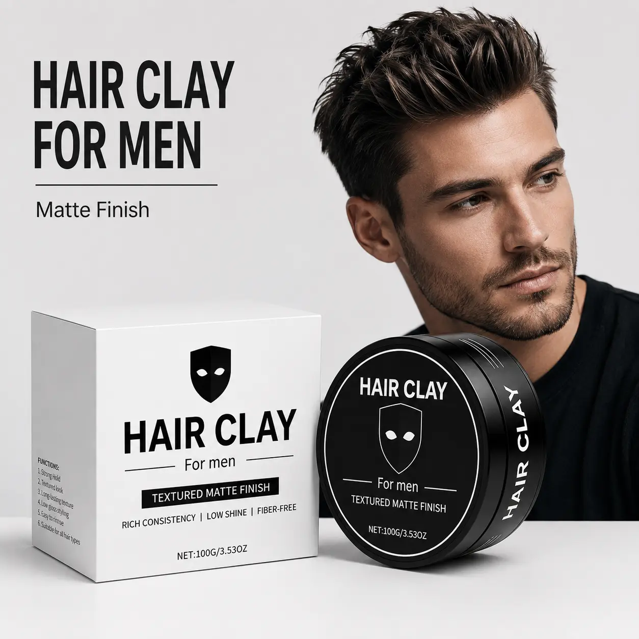 Men’s Matte Hair Clay 100g/3.53oz, Flexible Hold Styling Paste for Natural Volume and Texture, Smooth Low-Shine Finish, Easy to Shape and Restyle