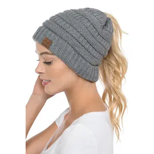 Soft Stretch Cable Knit Warm Hat High Bun Ponytail Beanie - C.C Solid MB20