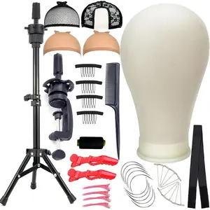Wig Stand Tripod with Canvas Block Mannequin Head, Styling Head with Mount Hole for Wig Making Display, Set with Wig Caps T Pins C Pins Bristle Brush