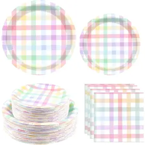 180PCS Easter Buffalo Plaid Party Supplies – Colorful Buffalo Plaid Paper Plates and Napkins Set, Pastel Gingham Disposable Tableware for Spring Easter Birthday Party Supplies Decorations