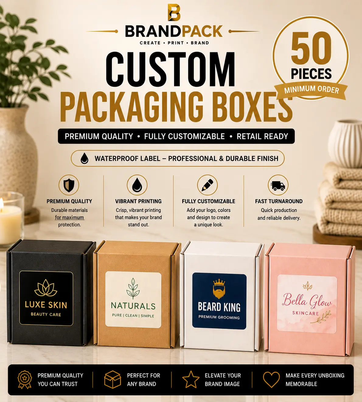 Custom Packaging Boxes | Premium Waterproof Label - 50 Pieces
