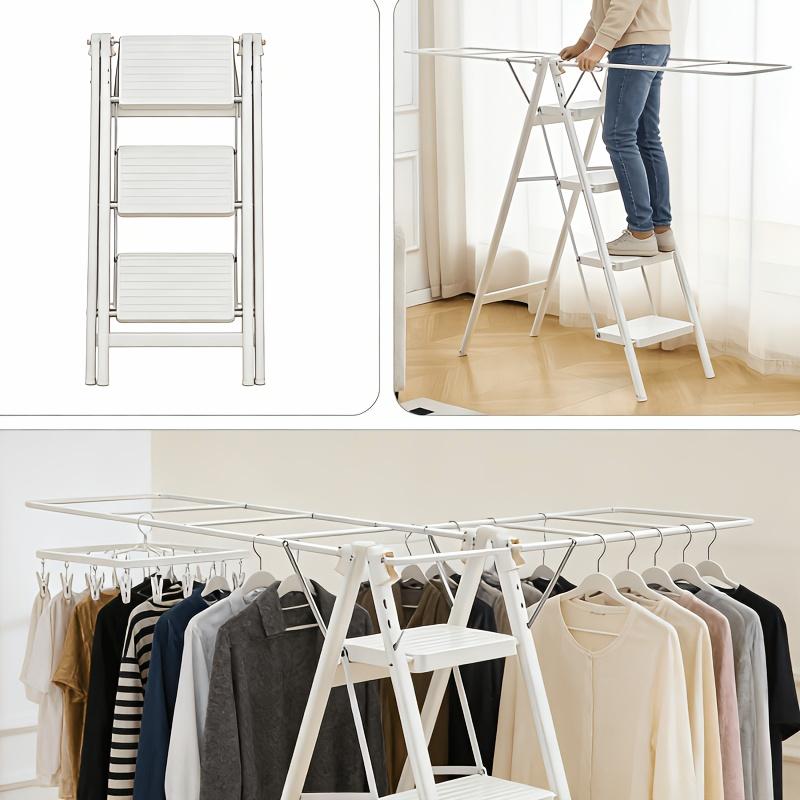 White Lightweight Metal 3-Step/4-Step Folding Ladder - 600lbs Load Capacity, Convertible to Laundry Drying Rack, Suitable for Home & Kitchen Use