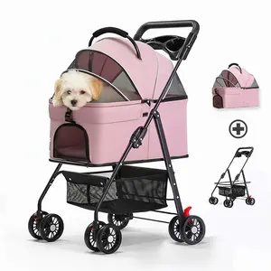 Foldable Pet Baby Stroller for Cats & Puppies 15 lbs Capacity Oxford Fabric with Ventilated Mesh & Safety Belt 4-Wheel Ergonomic Handle for Walks & Trips