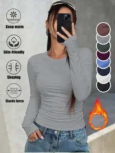 Women's Thermal Underwear Long Sleeve Round Neck Shirt, Classic Casual Versatile Body Shaping Fitted Basic Layer Top, Slim Fit Fall Clothing, Womenswear