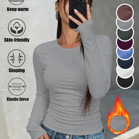 Women's Thermal Underwear Long Sleeve Round Neck Shirt, Classic Versatile Body Shaping Base Layer Top, Slim Fit Fall Winter Clothing