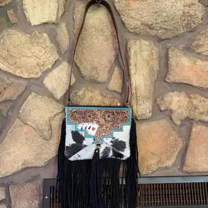 Western Style Fringe Handbag with Card Design and Matching Strap