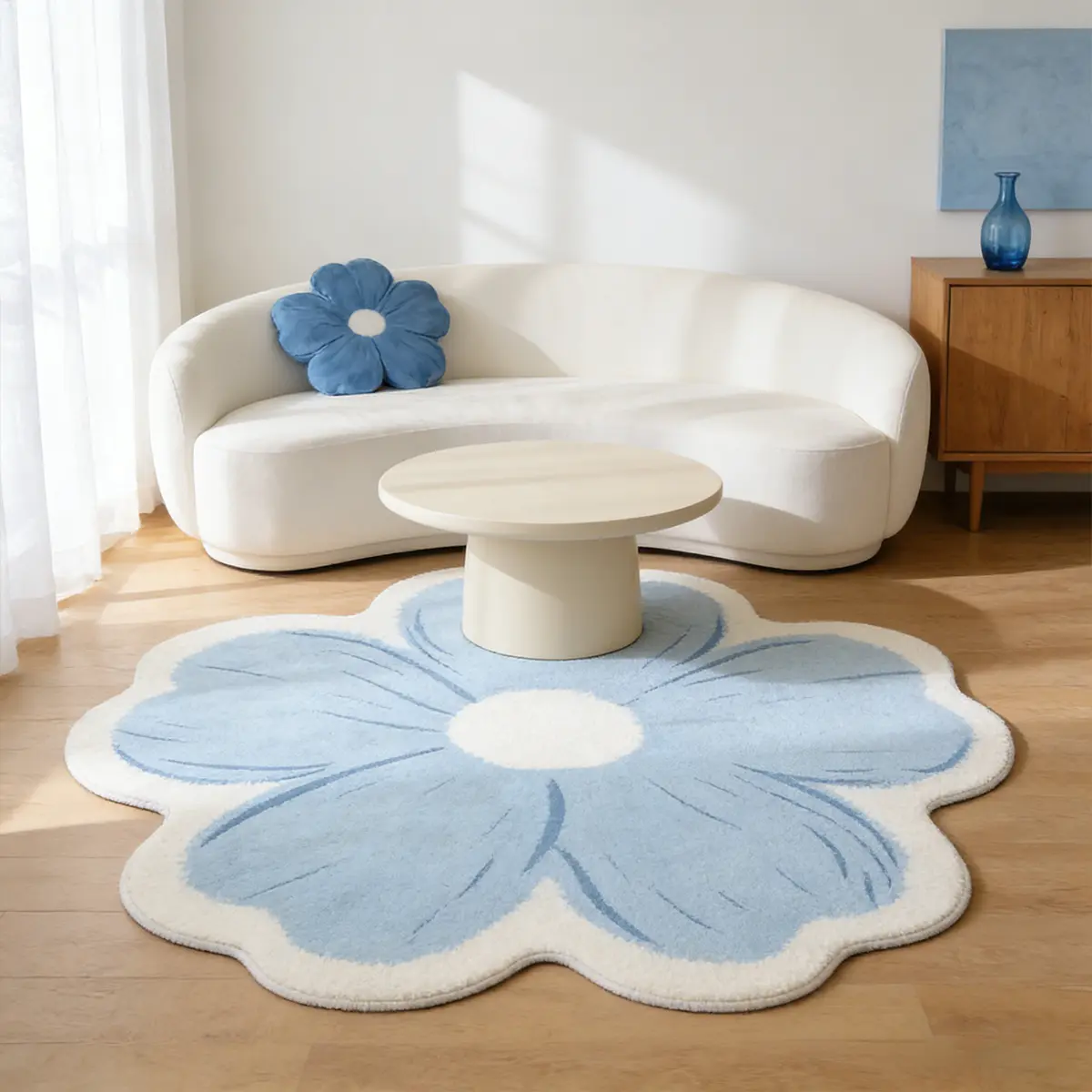 Blue Floral Irregular Carpet, Sweet Cute Modern Cream Style Living Room Sofa Coffee Table Mat, Girls' Room Decoration Rug, Washable Floral Rug, Modern Indoor Decorative Rug