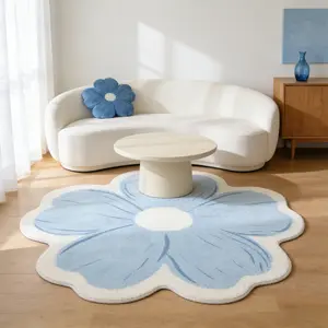 Blue Floral Irregular Carpet, Sweet Cute Modern Cream Style Living Room Sofa Coffee Table Mat, Girls' Room Decoration Rug, Washable Floral Rug, Modern Indoor Rug