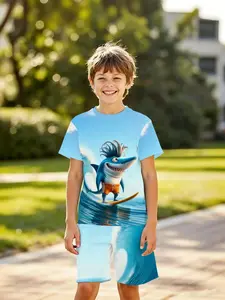 Boys' Casual Fitted Short Sleeve Tee Set Outfit, All-Over Shark Surf Pattern Design, Perfect Birthday & Festival Gift Choice