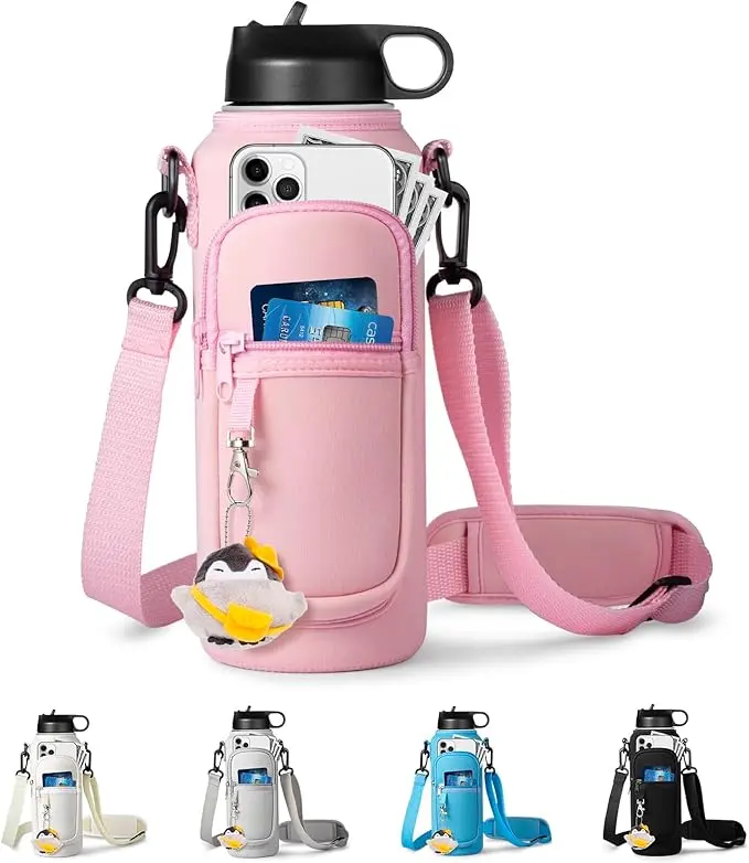 Water Bottle Holder with Strap for Hydroflask 32oz 40oz, Carrier Sling Bag with Phone Pocket Water Bottle Sleeve for Men Women Hiking Camping Travelling