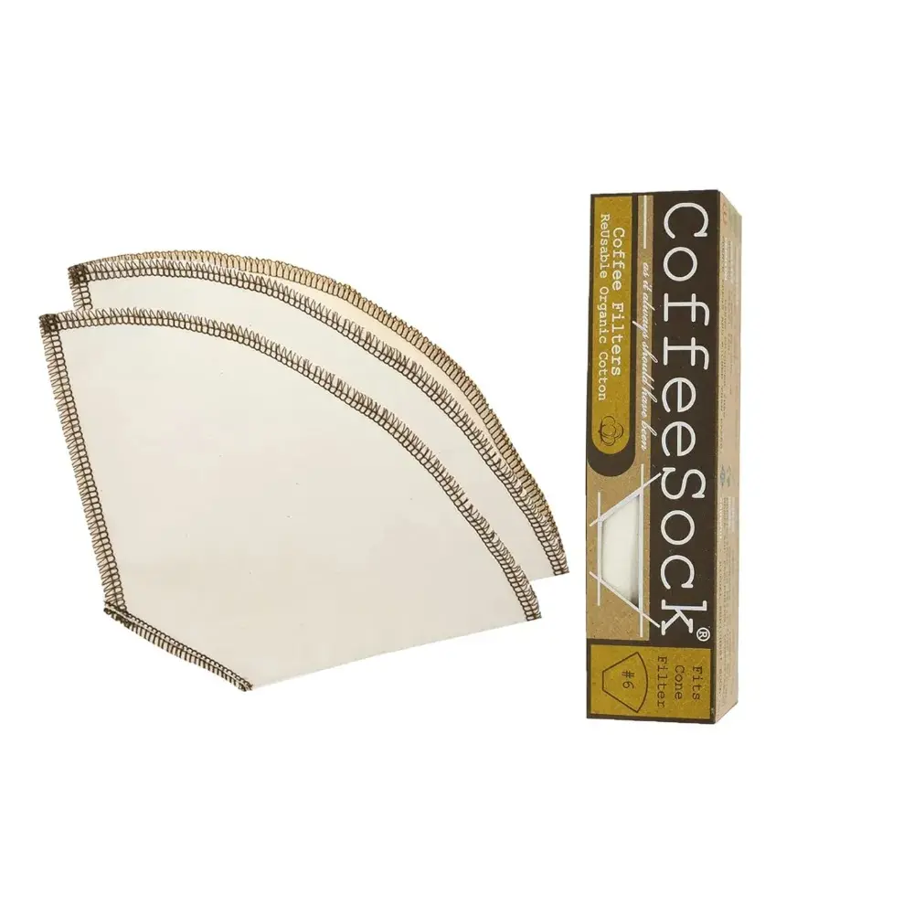 CoffeeSock Reusable Coffee Filters - #6 Cone Drip and Pour-Over (2 Filters) - Organic Natural Cotton Coffee Filters - Ultra-Durable 2 Year Filter Set - Compostable Cloth